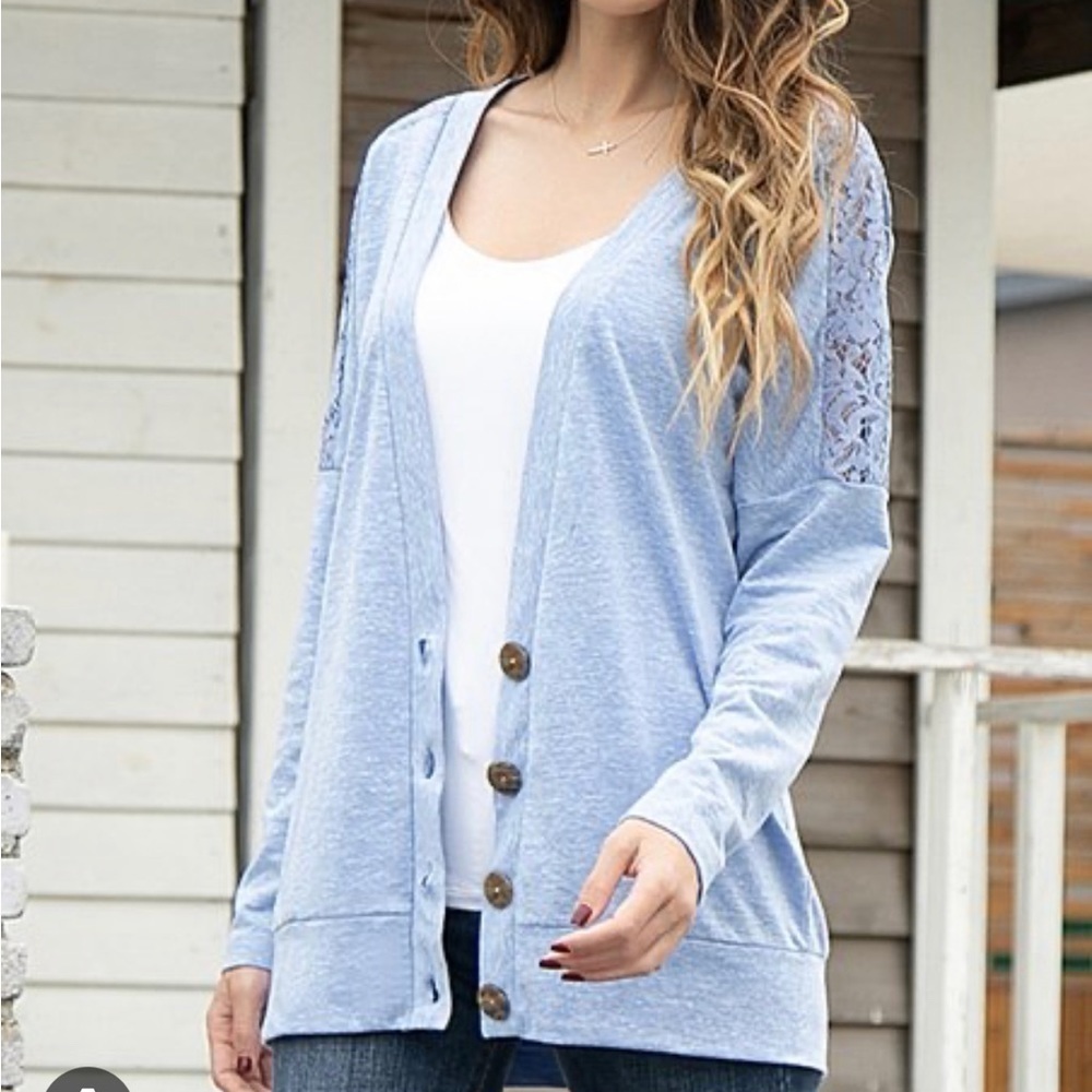Z Avenue Light Blue Lace-Accent Cardigan